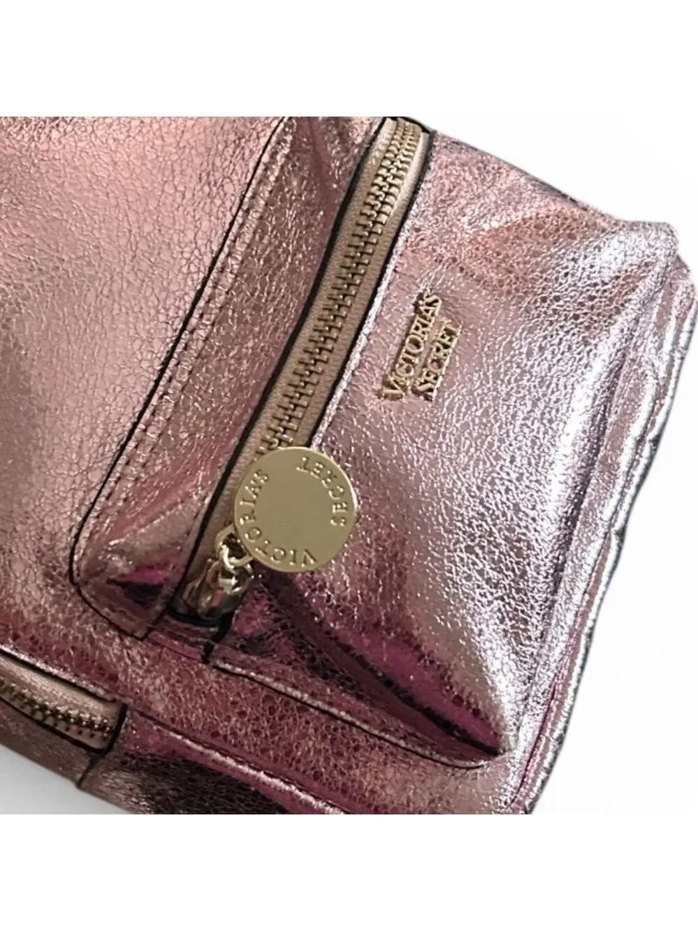 Victoria's Secret Pink Metallic Crackle Mini City Backpack Bling Chain Accent